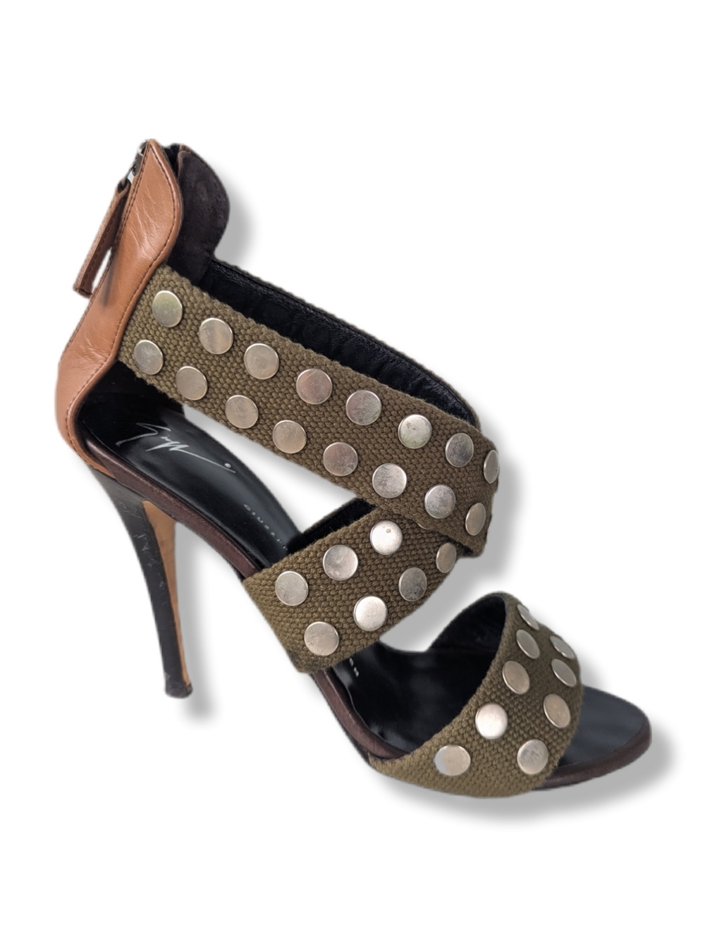 Giuseppe Zanotti Olive Green Studded Canvas & Brown Leather Heels